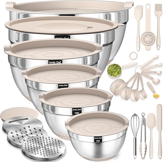 Mixing Bowls with Airtight Lids Set, 26PCS Stainless Steel Khaki Bowls with Grater Attachments, Non-Slip Bottoms & Kitchen Gadgets Set, Size 7, 4,...