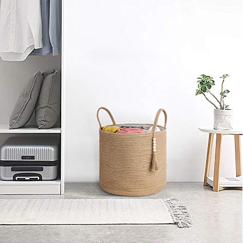 Mkono Woven Storage Basket Decorative Natural Rope Basket Wooden Bead Decoration for Blankets,Toys,Clothes,Shoes,Plant Organizer Bin with Handles...