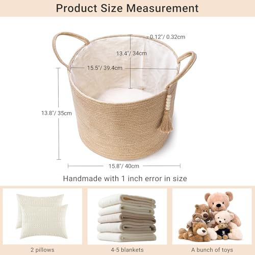 Mkono Woven Storage Basket Decorative Natural Rope Basket Wooden Bead Decoration for Blankets,Toys,Clothes,Shoes,Plant Organizer Bin with Handles...