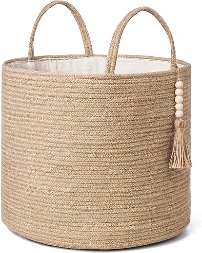 Mkono Woven Storage Basket Decorative Natural Rope Basket Wooden Bead Decoration for Blankets,Toys,Clothes,Shoes,Plant Organizer Bin with Handles...