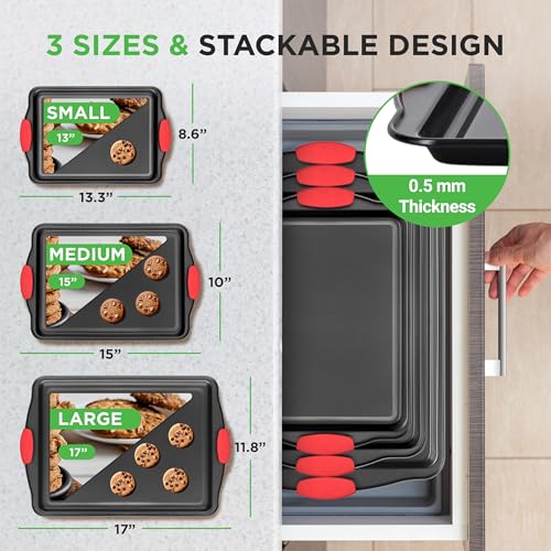 NutriChef 3-Piece Nonstick Kitchen Oven Baking Pans - Premium & Stylish Non-Stick Steel, Commercial Grade Restaurant Quality Metal Bakeware with...