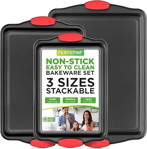 NutriChef 3-Piece Nonstick Kitchen Oven Baking Pans - Premium & Stylish Non-Stick Steel, Commercial Grade Restaurant Quality Metal Bakeware with...