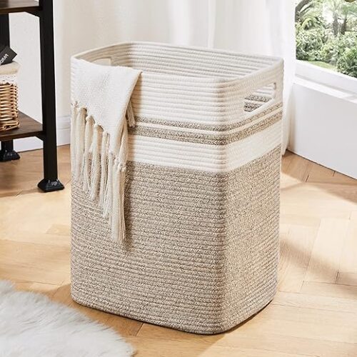 OIAHOMY Laundry Hamper-Laundry Basket,Tall Cotton Storage Basket with Handles,Decorative Blanket Basket for Living room,Collapsible Large Basket...