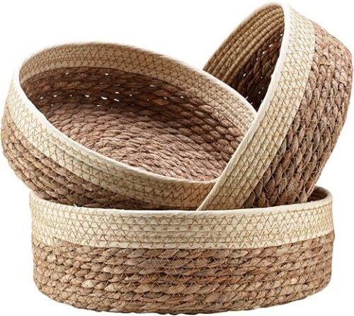 Round Rattan Baskets Set for Organizing Wicker Storage Basket for Fruit, Bread Serving Decorative Gift Baskets Empty, Countertop Baskets for Pantry...