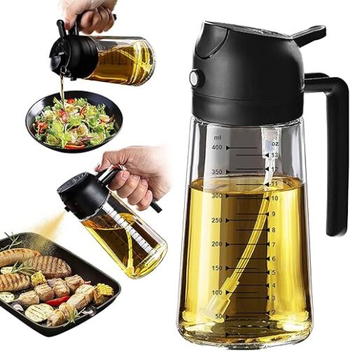 TrendPlain Glass Olive Oil Sprayer 16oz/470ml Black | for Cooking, 2 in 1, Olive Oil Dispenser, for Kitchen Gadgets, Air Fryer, Salad, BBQ