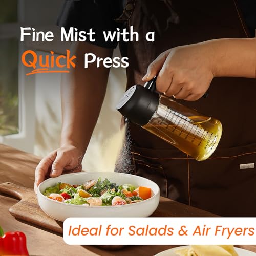 TrendPlain Glass Olive Oil Sprayer 16oz/470ml Black | for Cooking, 2 in 1, Olive Oil Dispenser, for Kitchen Gadgets, Air Fryer, Salad, BBQ