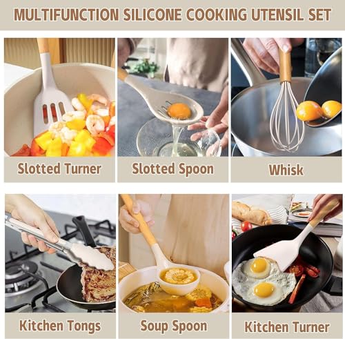 Umite Chef Kitchen Cooking Utensils Set, 33 pcs Non-Stick Silicone Cooking Kitchen Utensils Spatula Set with Holder, Wooden Handle Silicone Kitchen...