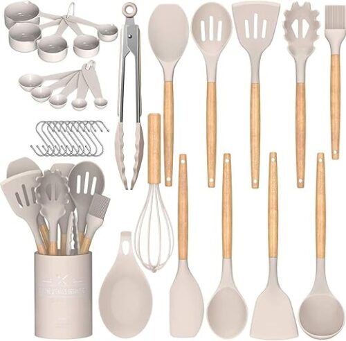 Umite Chef Kitchen Cooking Utensils Set, 33 pcs Non-Stick Silicone Cooking Kitchen Utensils Spatula Set with Holder, Wooden Handle Silicone Kitchen...