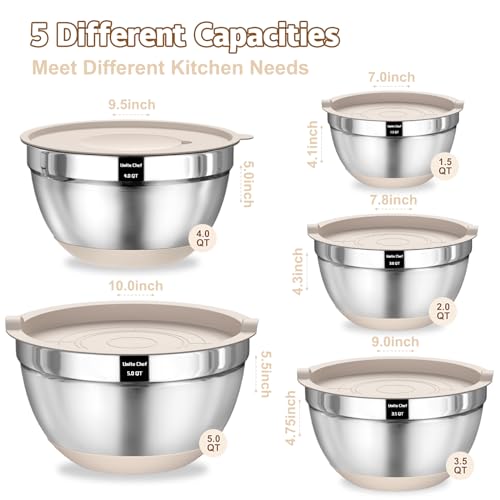 Umite Chef Mixing Bowls with Airtight Lids Set, 8PCS Stainless Steel Khaki Nesting Bowls with Grater Attachments, Kitchen Bowls with Non-Slip...