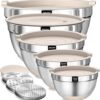 Umite Chef Mixing Bowls with Airtight Lids Set, 8PCS Stainless Steel Khaki Nesting Bowls with Grater Attachments, Kitchen Bowls with Non-Slip...