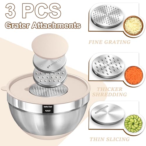 Umite Chef Mixing Bowls with Airtight Lids Set, 8PCS Stainless Steel Khaki Nesting Bowls with Grater Attachments, Kitchen Bowls with Non-Slip...