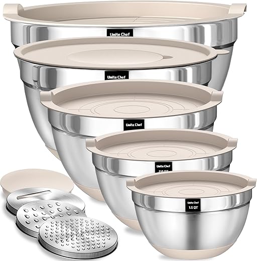 Umite Chef Mixing Bowls with Airtight Lids Set, 8PCS Stainless Steel Khaki Nesting Bowls with Grater Attachments, Kitchen Bowls with Non-Slip...