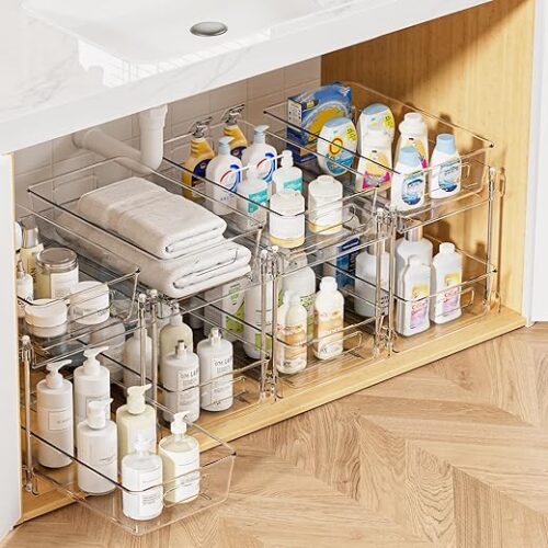 Vtopmart 4 Pack Bathroom Organizer, 2 Tier Clear Under Sink Organizers Vanity Countertop Storage Container,Cabinet Drawers Bins, Pull-Out...