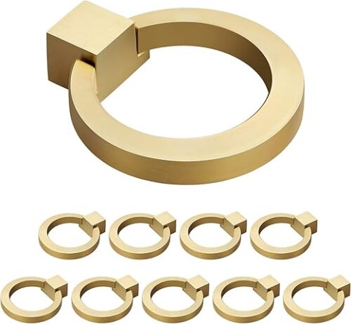 WEAVERBIRD Zinc Alloy Cabinet Knobs Gold Kitchen Hardware Drawer Pulls Rings Brushed Brass Single Hole Handles 1.57" Diameter, Pack of 10