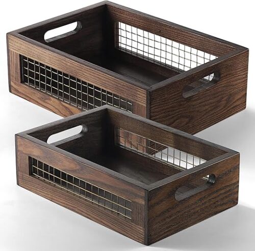 Wooden Countertop Baskets Set of 2 for Kitchen, Bathroom, Pantry|Wall Mount Upgrade with Full Accessories| Rustic Nesting Boxes|Wooden Organizer...