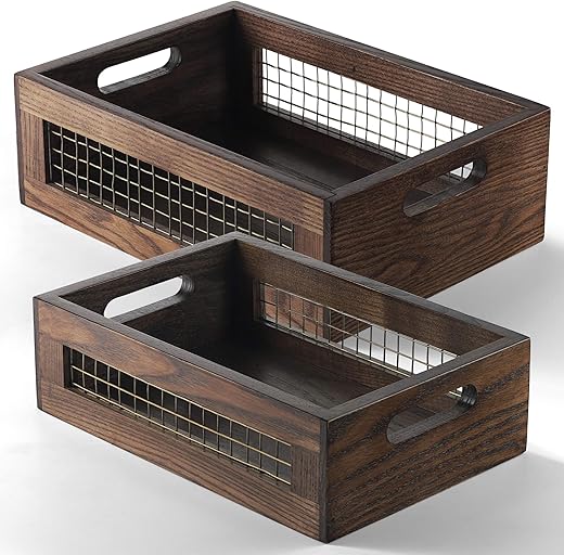 Wooden Countertop Baskets Set of 2 for Kitchen, Bathroom, Pantry|Wall Mount Upgrade with Full Accessories| Rustic Nesting Boxes|Wooden Organizer... Wooden Countertop Baskets Set of 2 for Kitchen, Bathroom, Pantry|Wall Mount Upgrade with Full Accessories| Rustic Nesting Boxes|Wooden Organizer...