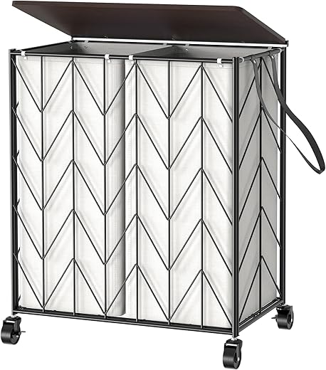 WOWLIVE Laundry Basket with Wheels, Heavy Duty Laundry Hamper with Wood Lid, Clothes Hamper with Divided Removable Liner Bag, Large Capacity...