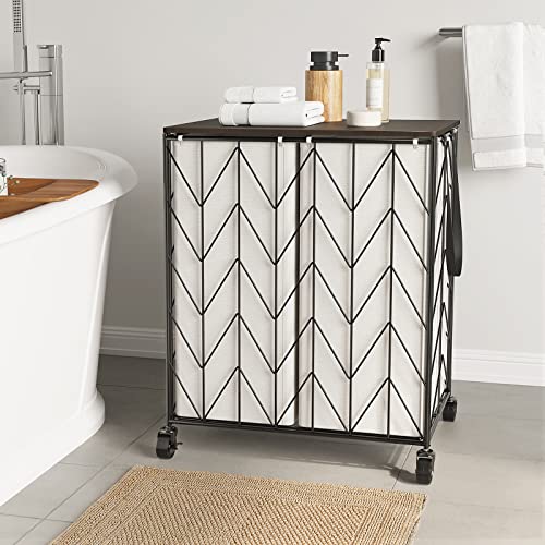 WOWLIVE Laundry Basket with Wheels, Heavy Duty Laundry Hamper with Wood Lid, Clothes Hamper with Divided Removable Liner Bag, Large Capacity...