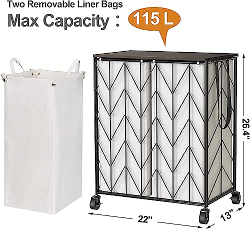 WOWLIVE Laundry Basket with Wheels, Heavy Duty Laundry Hamper with Wood Lid, Clothes Hamper with Divided Removable Liner Bag, Large Capacity...