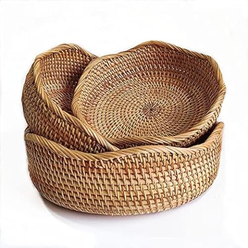 YANGQIHOME Rattan Bread Basket, Round Fruit Baskets, Wicker Storage Bowls, Natural Woven Serving Basket Bowls, Decorative Baskets for Kitchen...